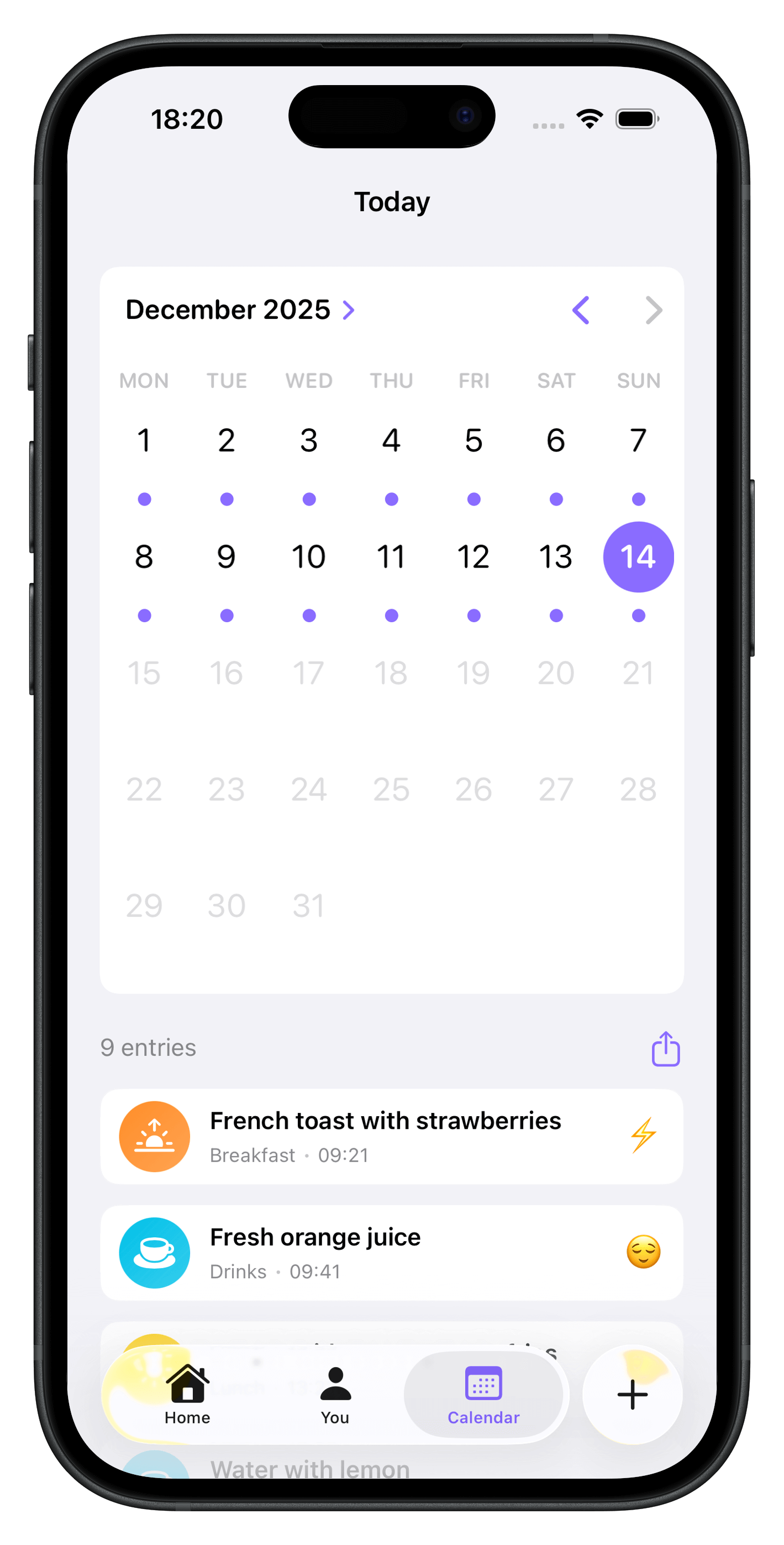 Food tracking app calendar view - daily food journal history and eating tracker