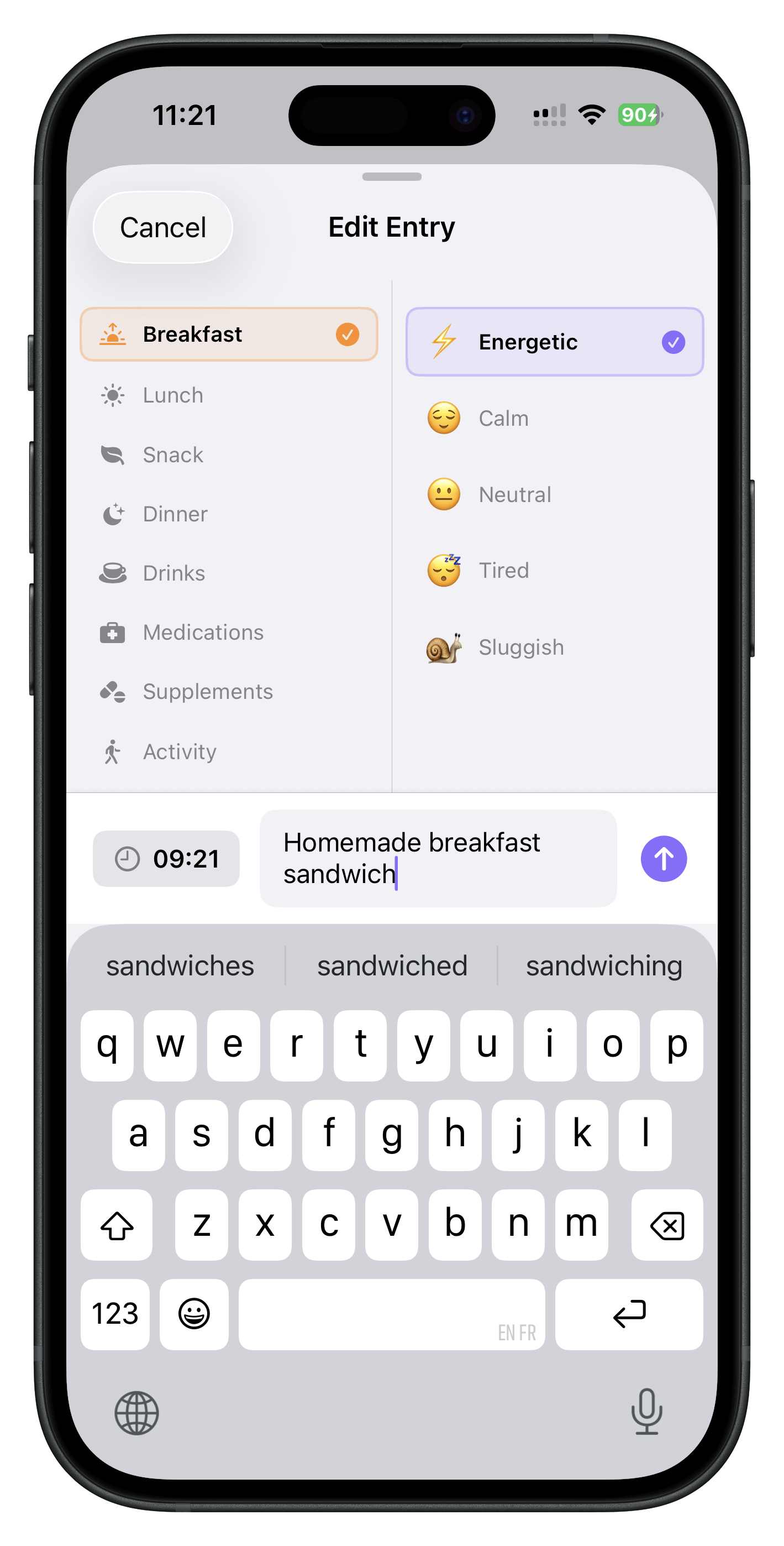 Food log entry screen - quick daily food journal without calorie counting
