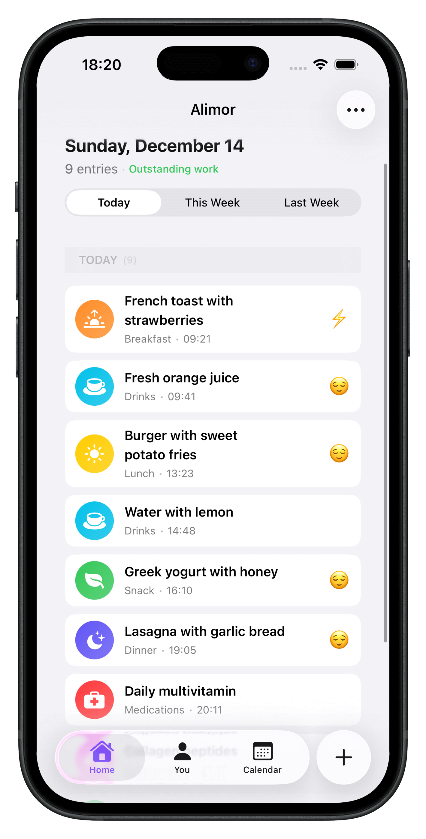 Alimor food journal app - daily meal tracker and food diary interface